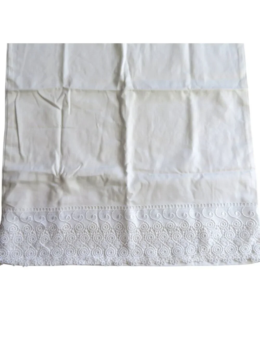 One Vintage Cotton White Pillowcase Embroidered Lace Trim Standard Size